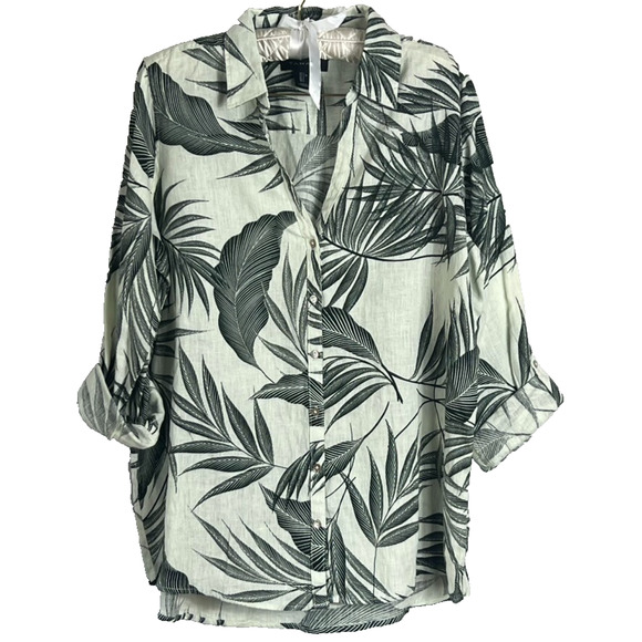 Tahari Tunic Shirt Dress Women’s Size Medium Tan Black Botanical Leaf 100% Linen - Picture 2 of 8